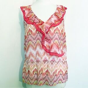 AGB Multicolor Ruffle Neck Peplum Chevron Print Sheer Lined Sleeveless Blouse L
